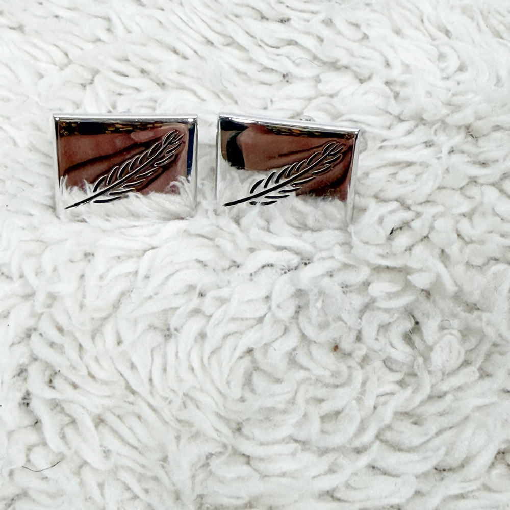 Vintage Swank Silver Tone Wheat Leaf Cufflinks Mid Century Modern MCM Signed - Picture 4 of 7
